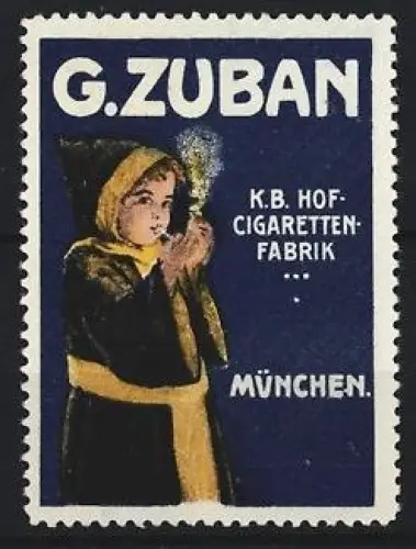 Reklamemarke München, G. Zuban, Münchner Kindl beim Rauchen