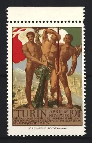 Reklamemarke Turin, Internationale Ausstellung 1911, Drei nackte Männer mit Lorbeerkranz