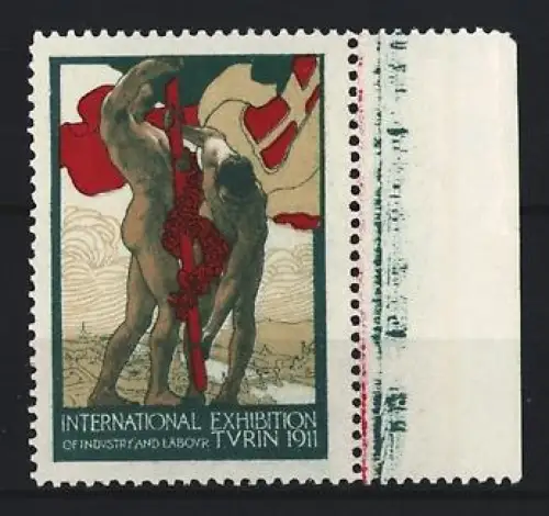 Reklamemarke Turin, International Exhibition of Industry and Labour 1911, Nackte Fahnenträger