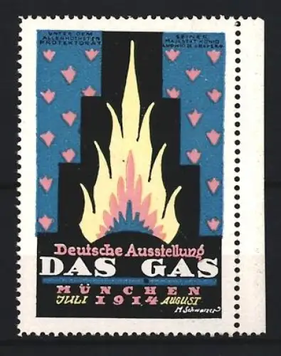 Künstler-Reklamemarke M. Schwarzer, München, Deutsche Ausstellung Das Gas 1914, Flamme