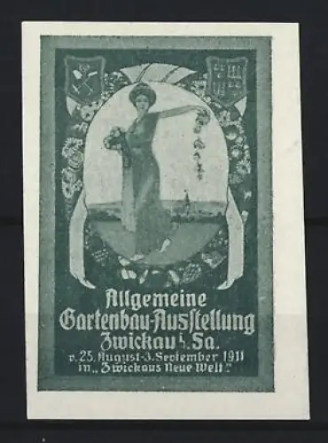 Reklamemarke Zwickau, Allgemeine Gartenbau-Ausstellung 1911, Frau mit Blumenkranz