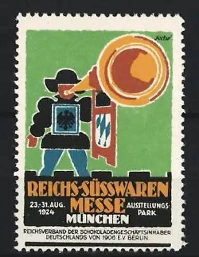 Reklamemarke München, Reichs-Süsswaren Messe 1924, Trompete und Wappen