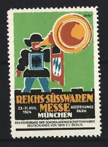 Reklamemarke München, Reichs-Süsswaren Messe 1924, Trompeter mit bayerischem Wappen