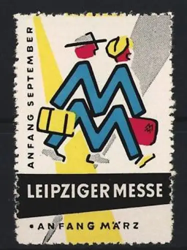 Reklamemarke Leipzig, Leipziger Messe, zwei Reisende mit Koffern
