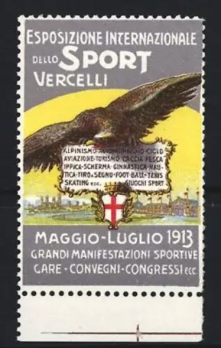 Reklamemarke Vercelli, Esposizione Internazionale dello Sport 1913, Adler über Ortsansicht