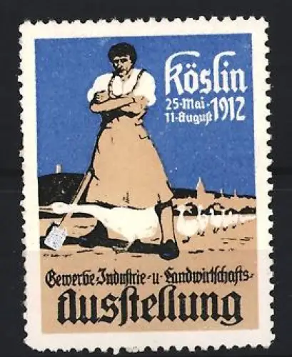 Reklamemarke Köslin, Gewerbe-Industrie-u. Landwirtschafts-Ausstellung 1912, Landwirt mit Gänsen