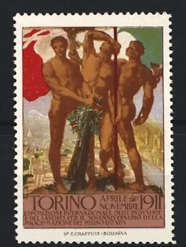 Reklamemarke Torino, Esposizione Internazionale 1911, Drei nackte Männer mit Fahne
