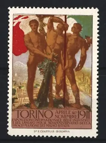 Reklamemarke Torino, Esposizione Internazionale 1911, drei nackte Männer mit Fahne