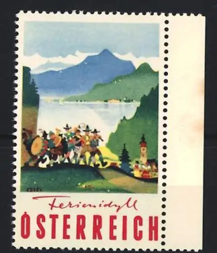 Reklamemarke Österreich, Ferienidyll, Berglandschaft mit Musikern