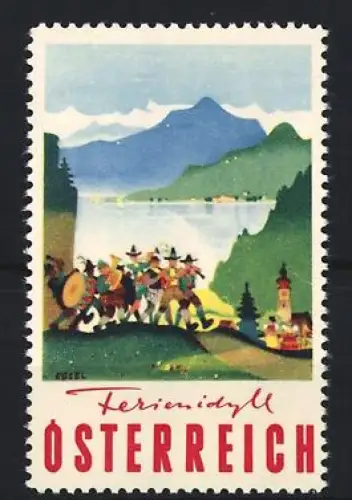 Reklamemarke Österreich, Heimatidyll, Alpenlandschaft mit Musikanten