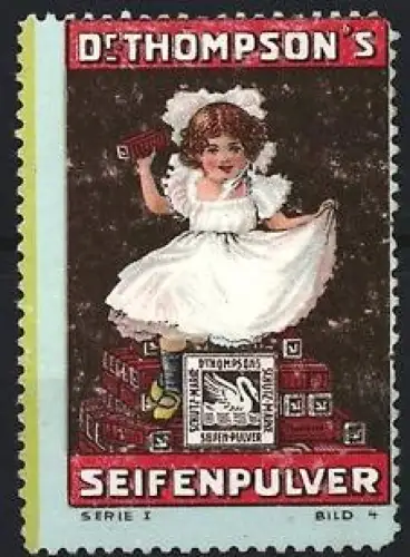 Reklamemarke Dr. Thompson`s Seifenpulver, Mädchen mit Seifenpackung