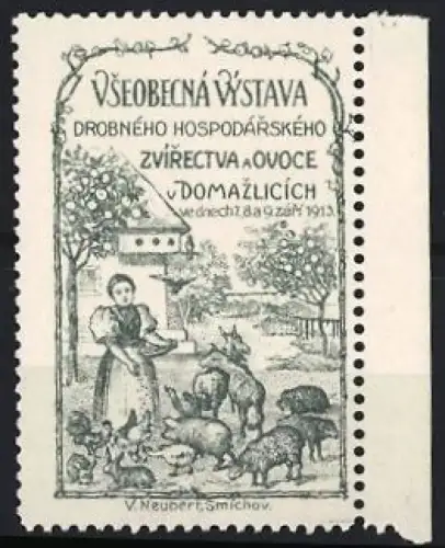 Reklamemarke Domažlice, Vseobecná Výstava 1913, Bauerhofszene mit Tieren