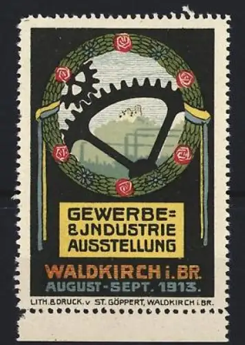 Reklamemarke Waldkirch i. Br., Gewerbe- & Industrie-Ausstellung 1913, Zahnrad und Kranz