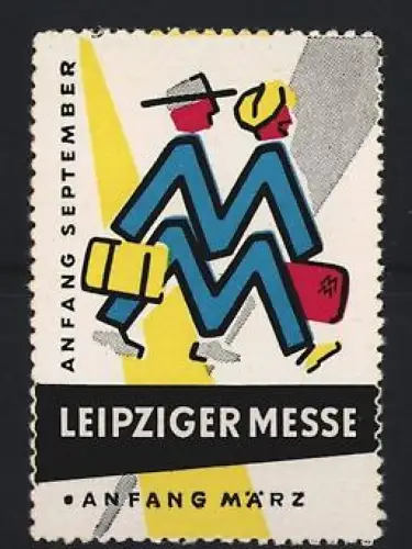 Reklamemarke Leipzig, Leipziger Messe, zwei Figuren mit Koffern