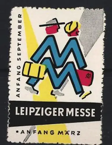Reklamemarke Leipzig, Leipziger Messe, zwei Figuren mit Koffern