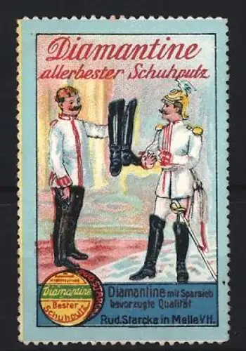 Reklamemarke Melle, Rud. Starcke, Diamantine allerbester Schuhputz, Diener mit Stiefeln