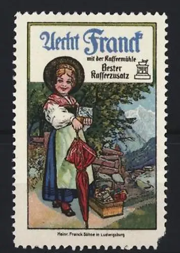 Reklamemarke Aecht Franck Kaffee, Mädchen mit Kaffeepaketen
