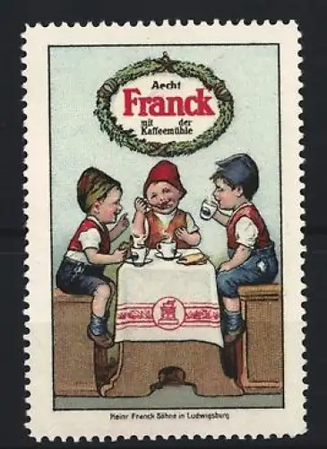 Reklamemarke Aecht Franck Kaffee, drei Kinder am Tisch