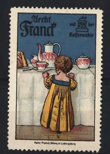 Reklamemarke Aecht Franck Kaffee, Kind vor Kaffeetisch