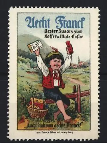 Reklamemarke Aecht Franck Kaffeezusatz, fröhliches Kind mit Kaffee-Paket