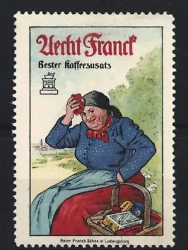 Reklamemarke Aecht Franck Kaffeezusatz, Frau mit Kaffeekorb