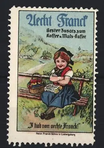 Reklamemarke Aecht Franck Kaffeezusatz, Mädchen auf Bank