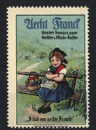 Reklamemarke Aecht Franck Kaffeezusatz, Mädchen mit Korb auf Bank