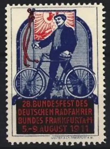 Reklamemarke Frankfurt, 28. Bundesfest des Deutschen Radfahrer-Bundes 1911, Radfahrer mit Fahrrad