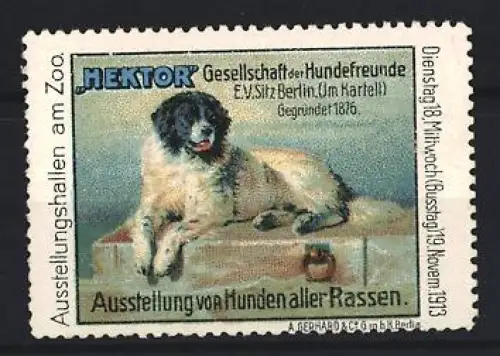 Reklamemarke Berlin, Ausstellung von Hunden aller Rassen 1913, Hund auf Kiste