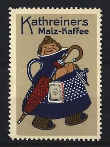 Reklamemarke Kathreiners, Malz-Kaffee, Frau mit Kaffeekanne und Regenschirm