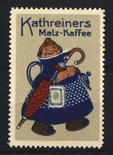 Reklamemarke Kathreiners Malz-Kaffee, Frau mit Krug und Schirm