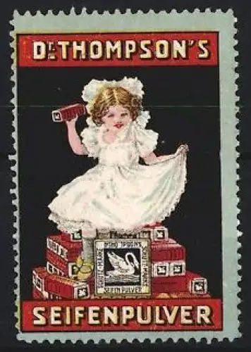 Reklamemarke Dr. Thompson`s Seifenpulver, Mädchen mit Seifenpulverpackungen