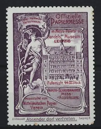 Reklamemarke Leipzig, Offizielle Papiermesse, Merkur-Statue