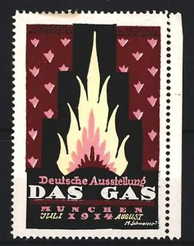 Künstler-Reklamemarke M. Schwarzer, München, Deutsche Ausstellung Das Gas 1914, Flamme