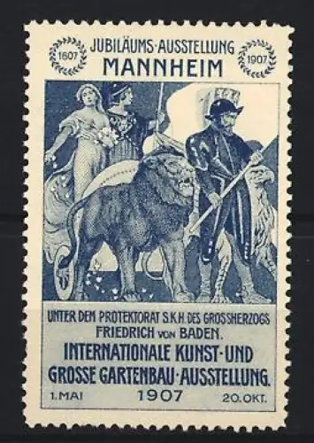 Reklamemarke Mannheim, Jubiläums-Ausstellung 1907, Löwe und historische Figuren