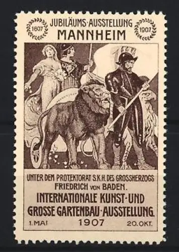 Reklamemarke Mannheim, Jubiläums-Ausstellung 1907, Löwe und Figuren