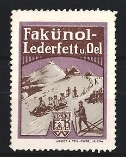 Reklamemarke Leipzig, Fakünol Lederfett u. Oel, Skifahrer im Gebirge