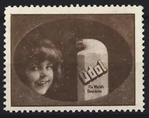 Reklamemarke Odol, The World`s Dentifrice, Kind und Mundwasser-Flasche