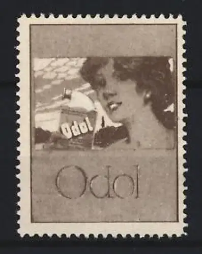 Reklamemarke Odol Mundwasser, Frau mit Flasche in der Hand