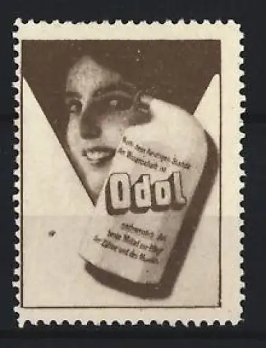 Reklamemarke Odol Mundwasser, Frau mit Flasche