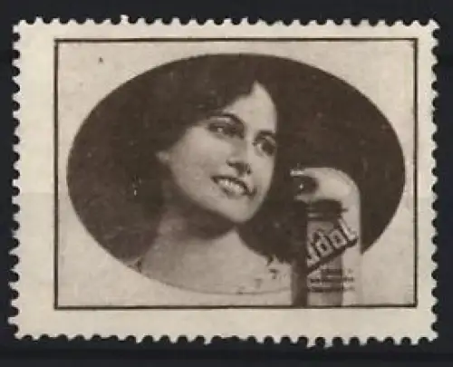 Reklamemarke Odol Mundwasser, Frau mit Flasche