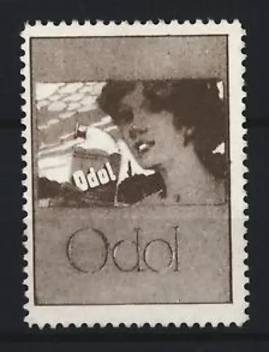 Reklamemarke Odol, Frau mit Mundwasser-Flasche