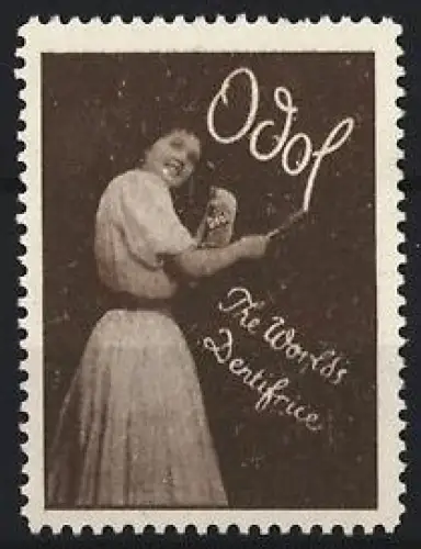 Reklamemarke Odol, The World`s Dentifrice, Frau mit Zahnbürste und Mundwasser-Flasche