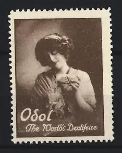 Reklamemarke Odol, The World`s Dentifrice, Frau mit Glas und Mundwasser