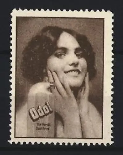 Reklamemarke Mundwasser Odol, Lächelnde Frau mit Flasche