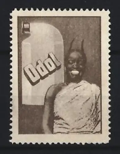 Reklamemarke Mundwasser Odol, Lächelnde Frau mit Odol-Flasche im Hintergrund