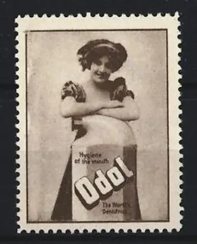 Reklamemarke Mundwasser Odol, Hygiene of the mouth, Frau mit Odol-Flasche