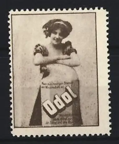 Reklamemarke Mundwasser Odol, Frau mit Odol-Flasche