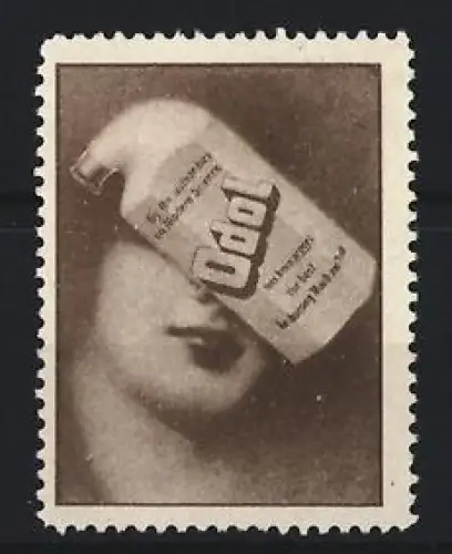 Reklamemarke Odol Mundwasser, Flasche über Gesicht