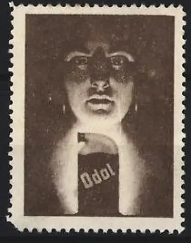 Reklamemarke Odol Mundwasser, Frau mit Flasche